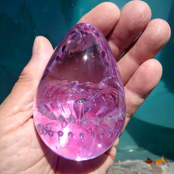 Pink/Purple Delicately Controlled Bubble Iridescent Flake Egg Shaped Art Glass - Picture 2 of 7